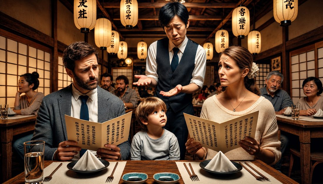日本語メニューを前に困惑する外国人の家族と、身振りで対応に困る店員