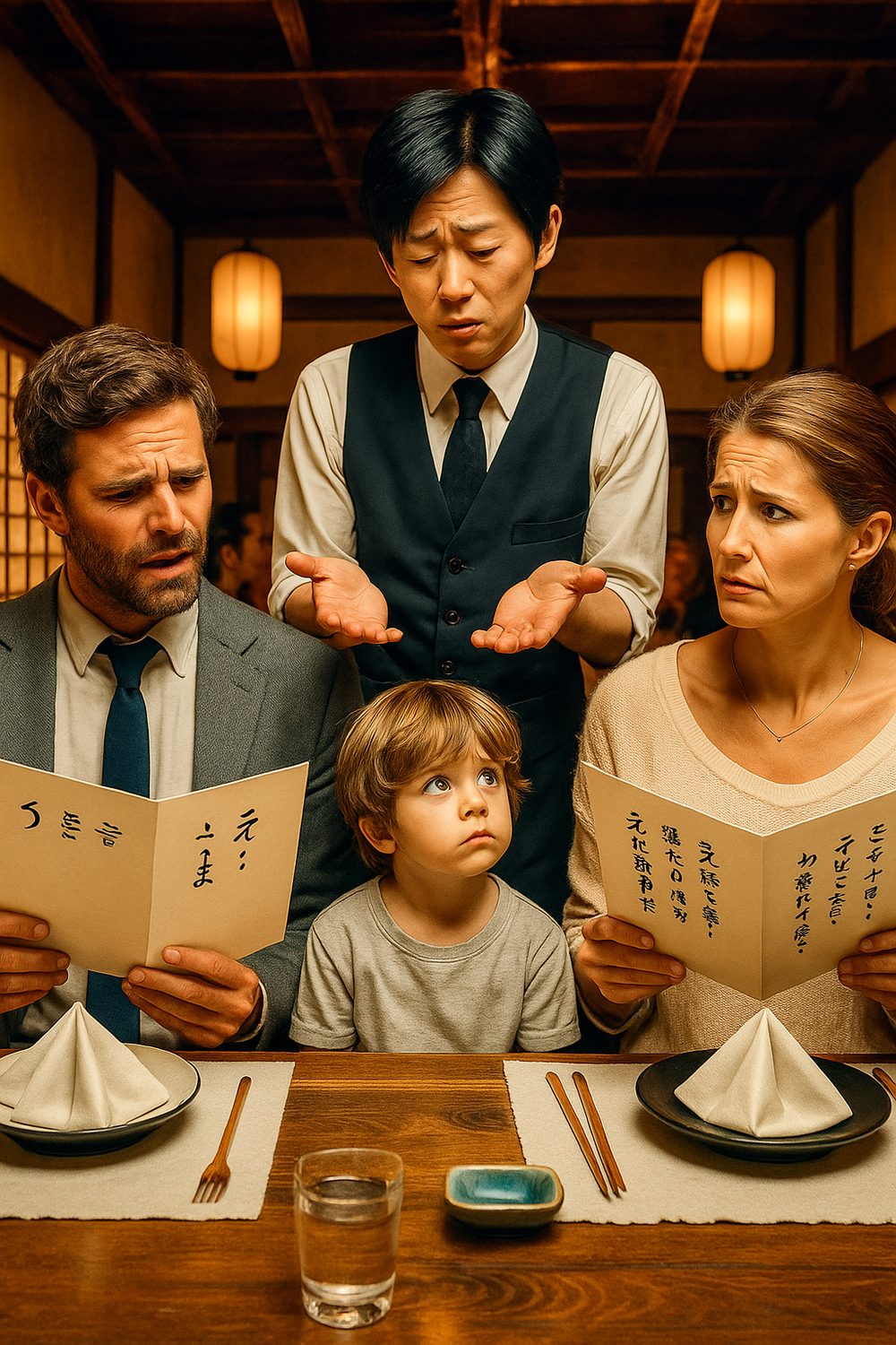 日本語メニューを前に困惑する外国人の家族