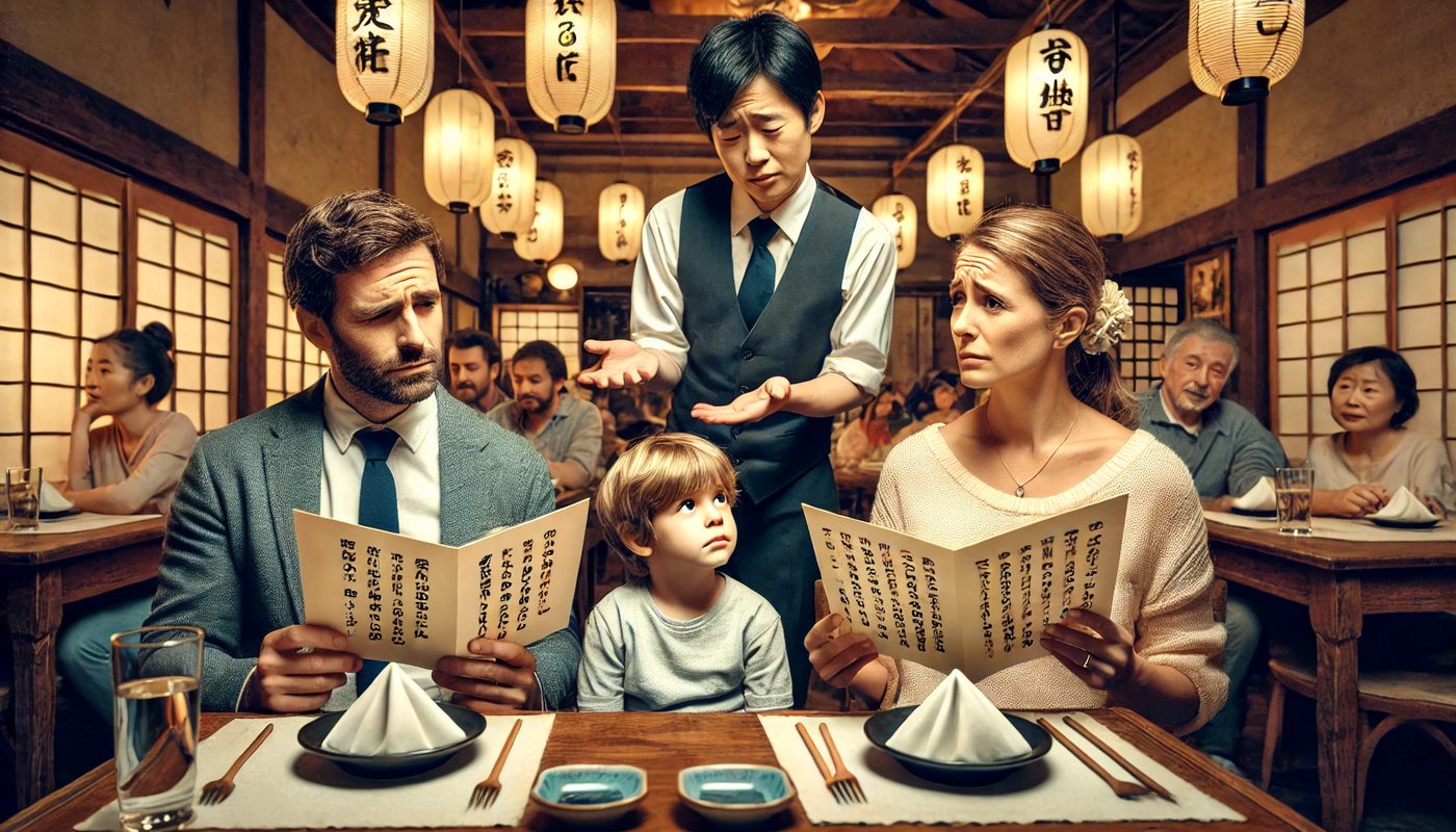メニューを前に店員に質問しても通じず困る外国人の家族