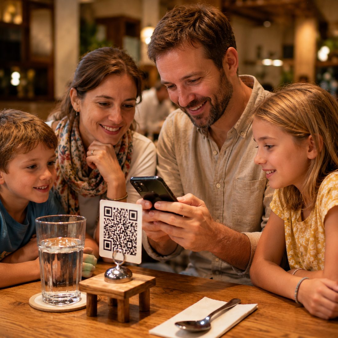 An overseas family enjoying the multilingual menu via the tabletop QR