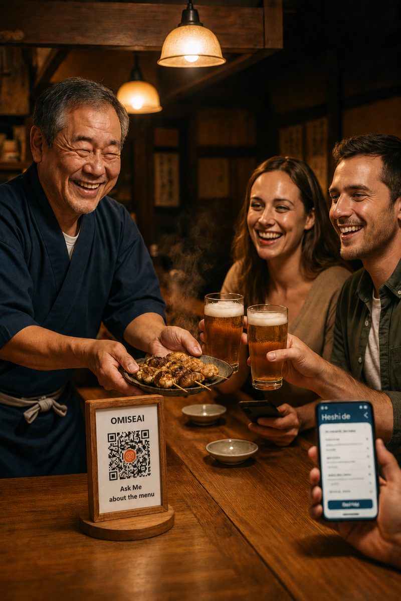 料理を運ぶ店主とスマホでメニューを見て乾杯する外国人客