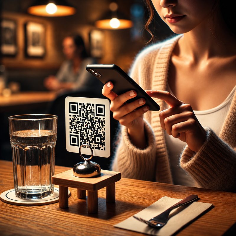テーブルのQRコードをスマホで読み取るお客様
